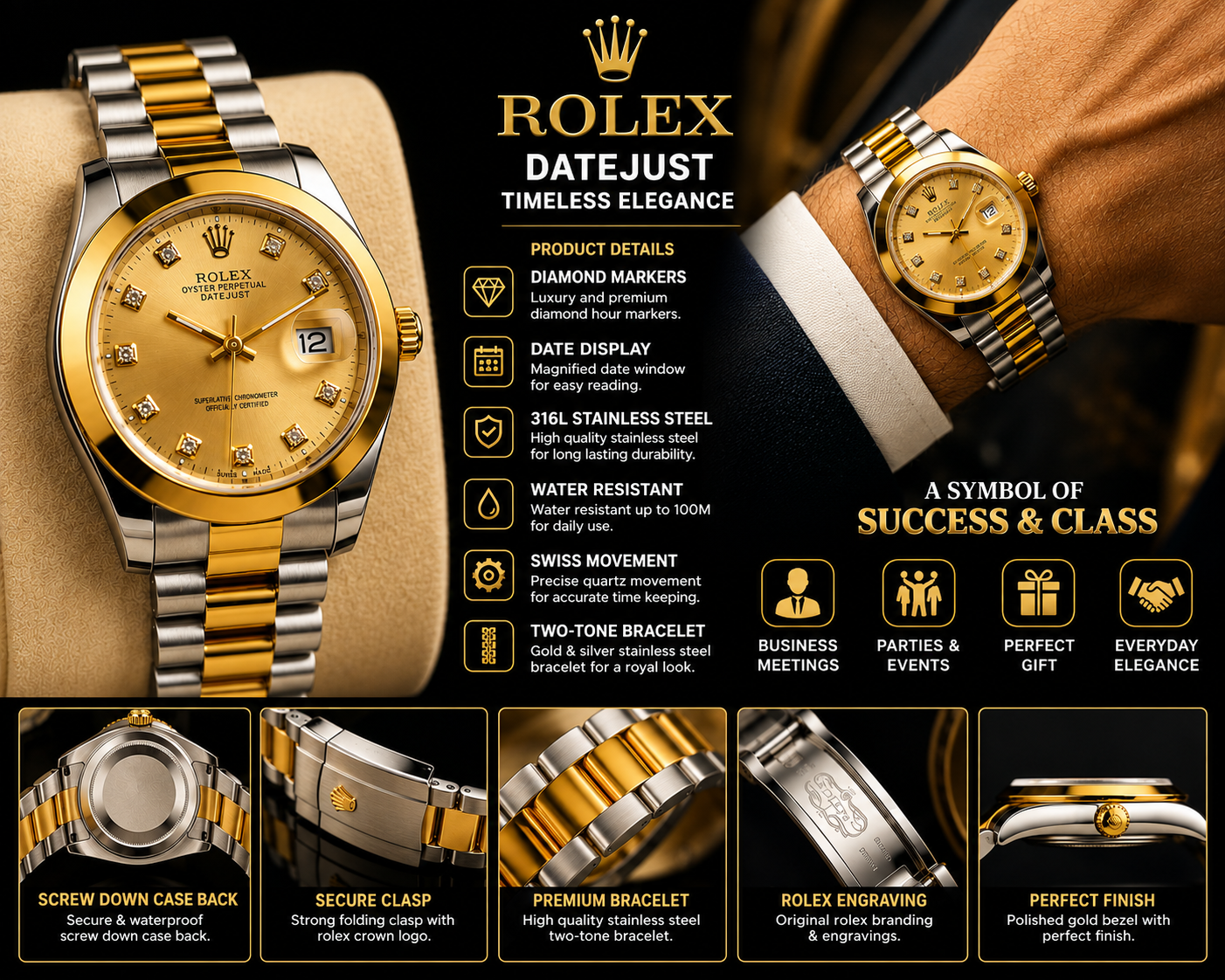 Luxury Gold & Silver Date Watch for Men