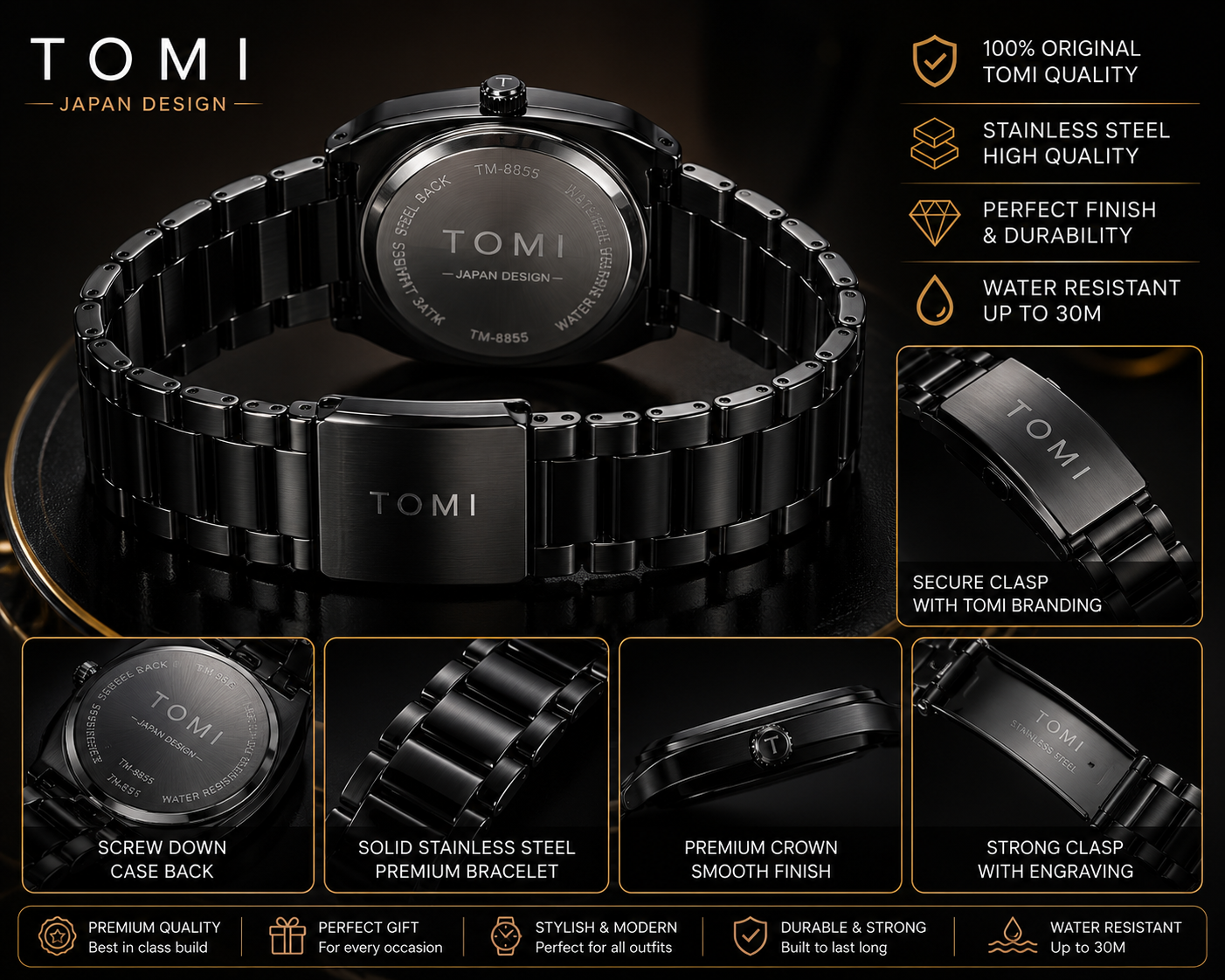 TOMI Premium Black Stainless Steel Watch