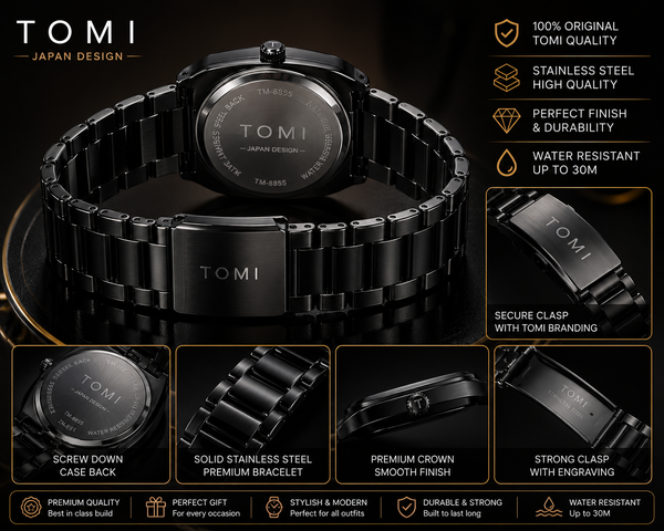 TOMI Premium Black Stainless Steel Watch