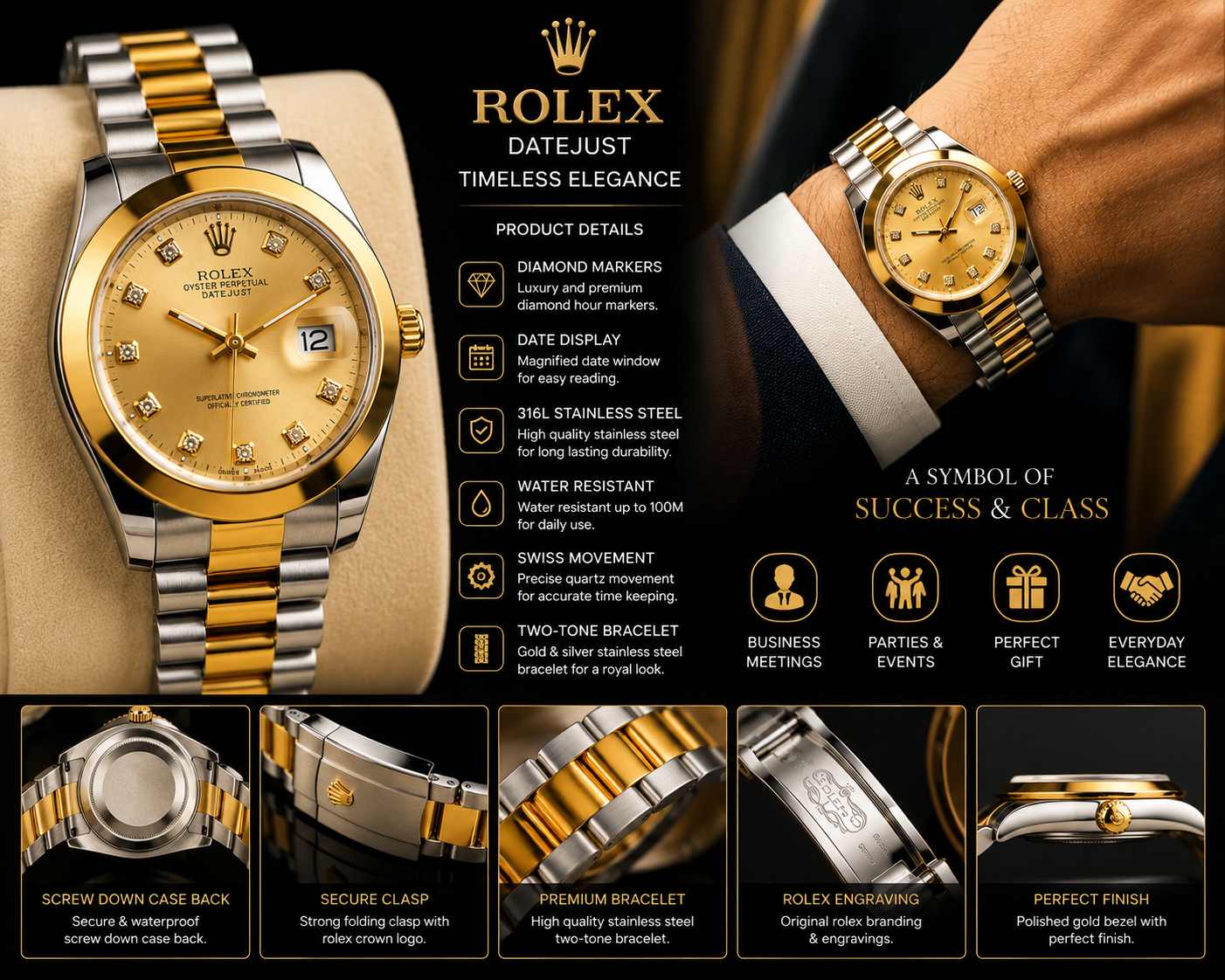 Luxury Gold & Silver Date Watch for Men